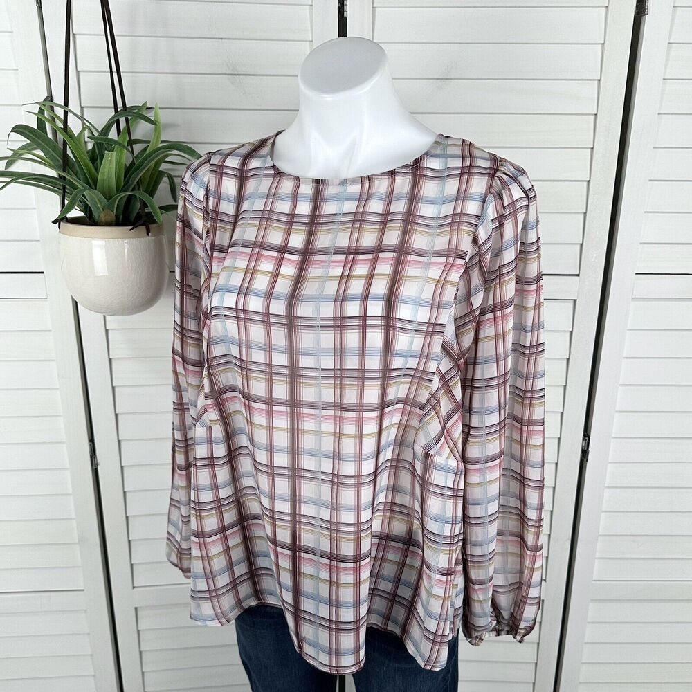 NWOT Anthropologie Dolan Lainie Blouse Sheer‎ Light Plaid Balloon Sleeves Size M